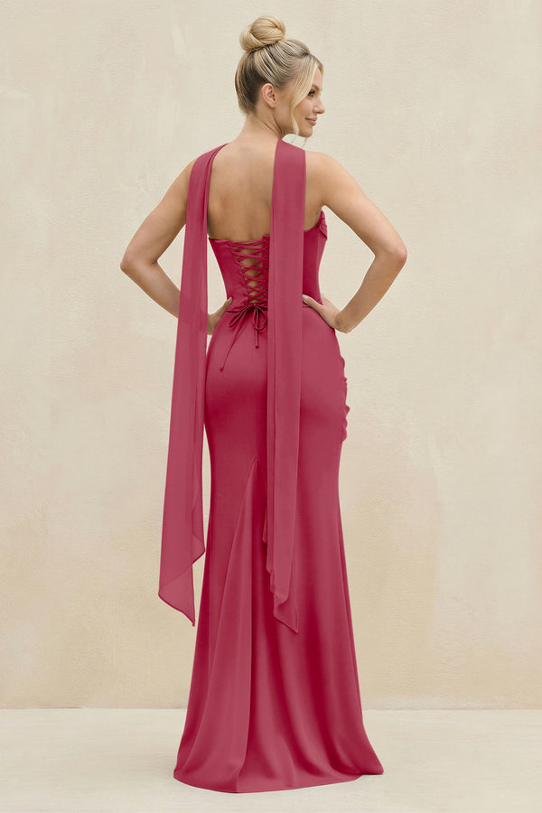 Cowl Neck Sheath Chiffon Bridesmaid Dress with Ribbon in Merlot (2) | KISSBRIDAL