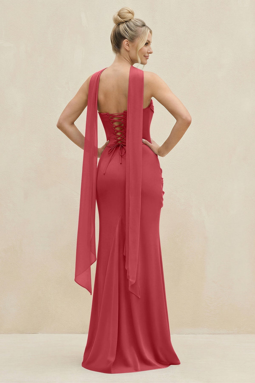 Cowl Neck Sheath Chiffon Bridesmaid Dress with Ribbon in Merlot - KISS BRIDAL Bridesmaid Dresses