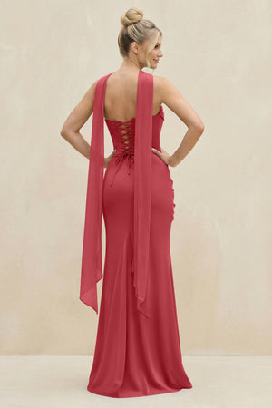Cowl Neck Sheath Chiffon Bridesmaid Dress with Ribbon in Merlot - SHE IS ME Bridesmaid Dresses