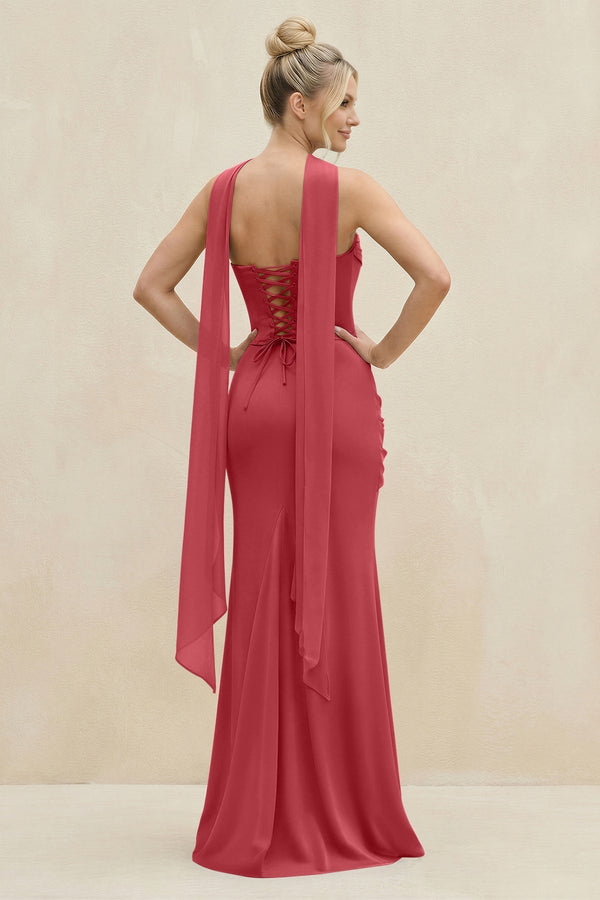 Cowl Neck Sheath Chiffon Bridesmaid Dress with Ribbon in Merlot - SHE IS ME Bridesmaid Dresses