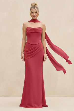 Cowl Neck Sheath Chiffon Bridesmaid Dress with Ribbon in Merlot - SHE IS ME Bridesmaid Dresses