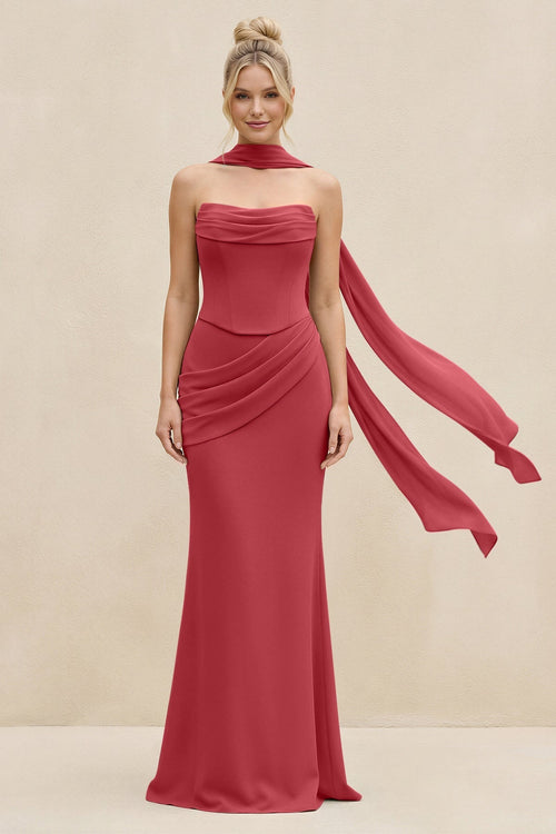 Cowl Neck Sheath Chiffon Bridesmaid Dress with Ribbon in Merlot - SHE IS ME Bridesmaid Dresses