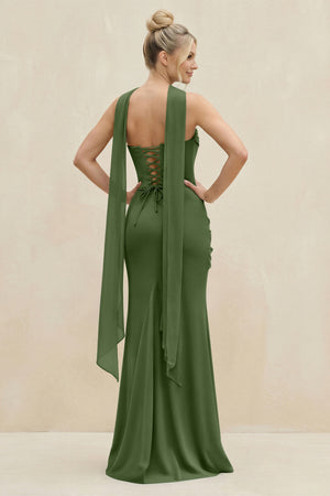 Cowl Neck Sheath Chiffon Bridesmaid Dress with Ribbon in Moss (2) | KISSBRIDAL