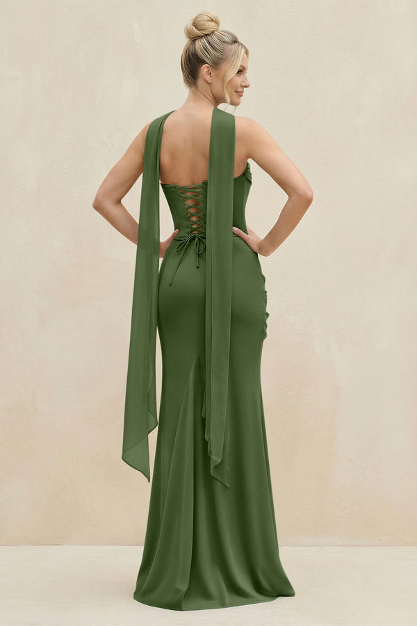 Cowl Neck Sheath Chiffon Bridesmaid Dress with Ribbon in Moss (2) | KISSBRIDAL