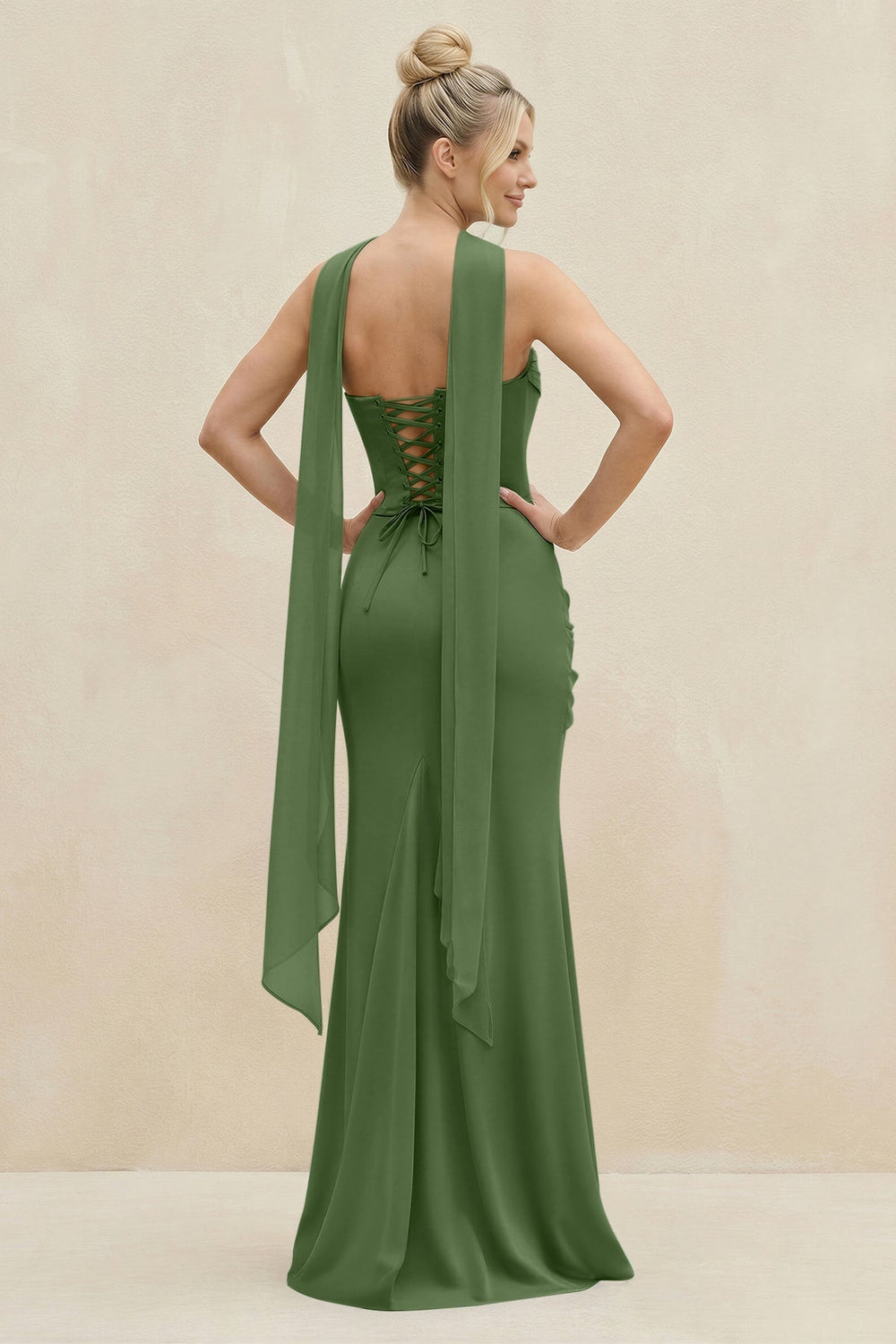 Cowl Neck Sheath Chiffon Bridesmaid Dress with Ribbon in Moss - KISS BRIDAL Bridesmaid Dresses
