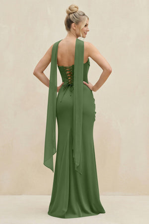 Cowl Neck Sheath Chiffon Bridesmaid Dress with Ribbon in Moss - SHE IS ME Bridesmaid Dresses