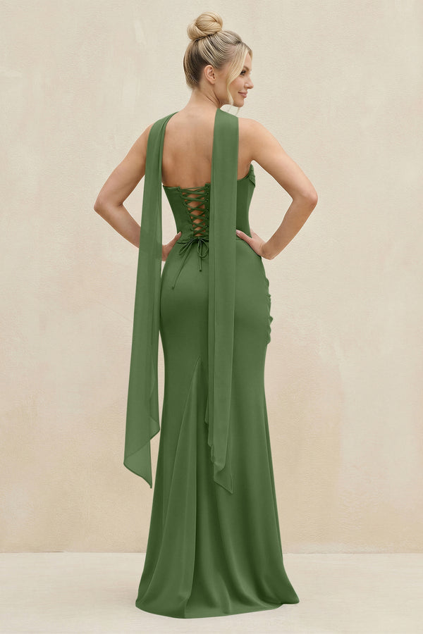 Cowl Neck Sheath Chiffon Bridesmaid Dress with Ribbon in Moss - SHE IS ME Bridesmaid Dresses