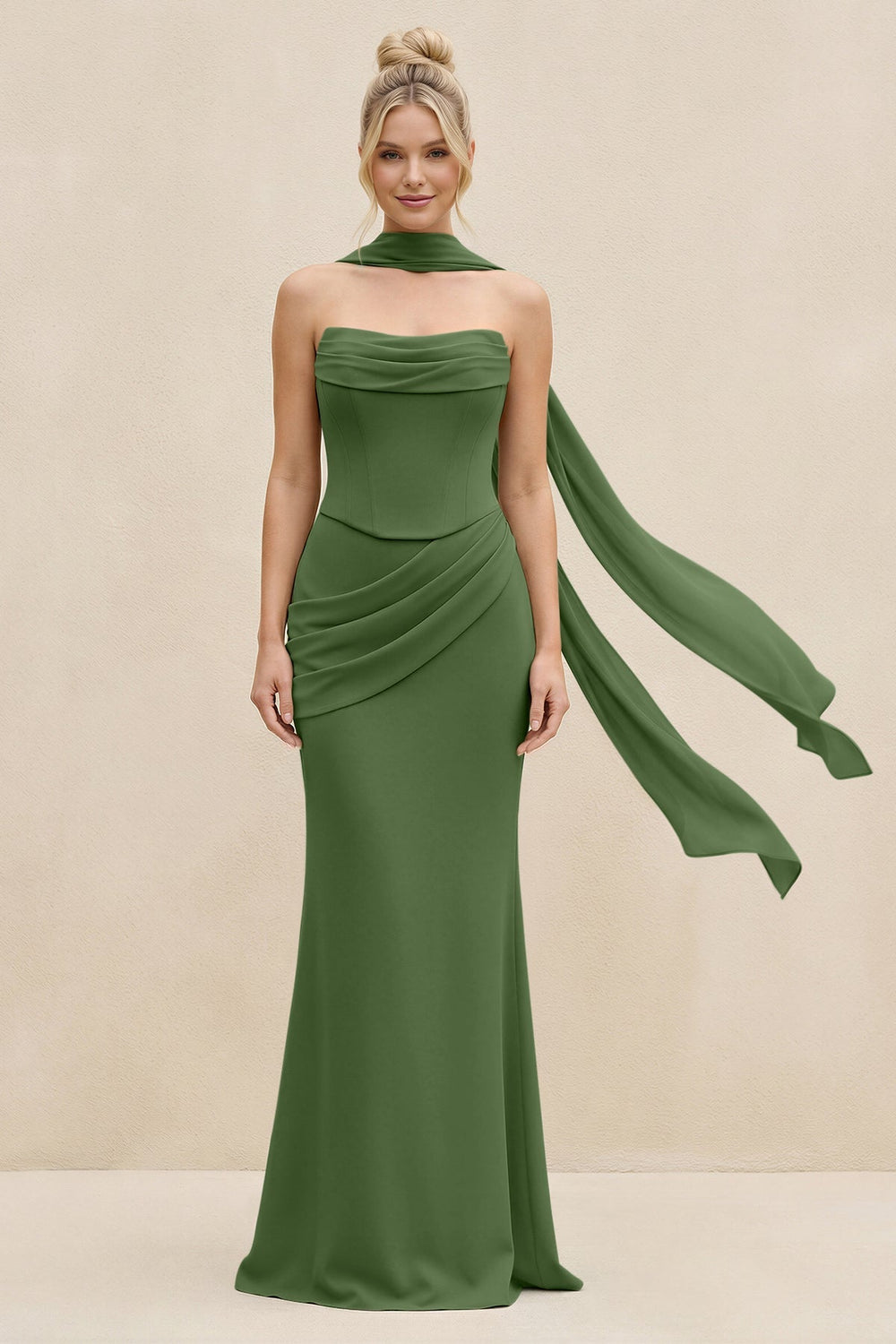Cowl Neck Sheath Chiffon Bridesmaid Dress with Ribbon in Moss - KISS BRIDAL Bridesmaid Dresses