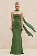 Cowl Neck Sheath Chiffon Bridesmaid Dress with Ribbon in Moss - SHE IS ME Bridesmaid Dresses