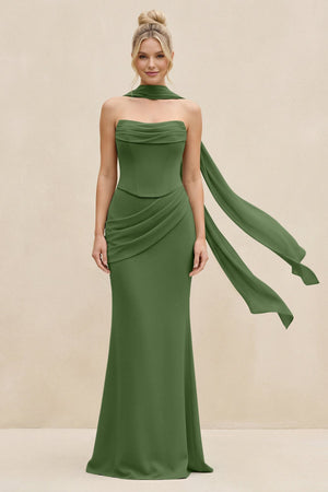 Cowl Neck Sheath Chiffon Bridesmaid Dress with Ribbon in Moss - SHE IS ME Bridesmaid Dresses