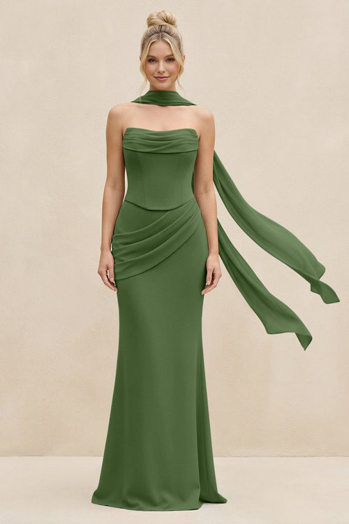 Cowl Neck Sheath Chiffon Bridesmaid Dress with Ribbon in Moss - SHE IS ME Bridesmaid Dresses