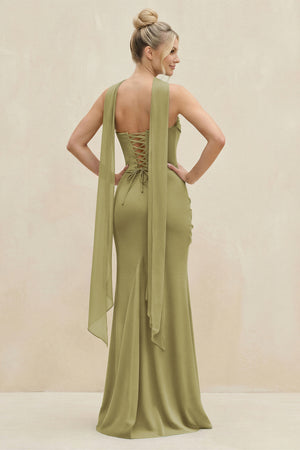 Cowl Neck Sheath Chiffon Bridesmaid Dress with Ribbon in Moss Green (2) | KISSBRIDAL