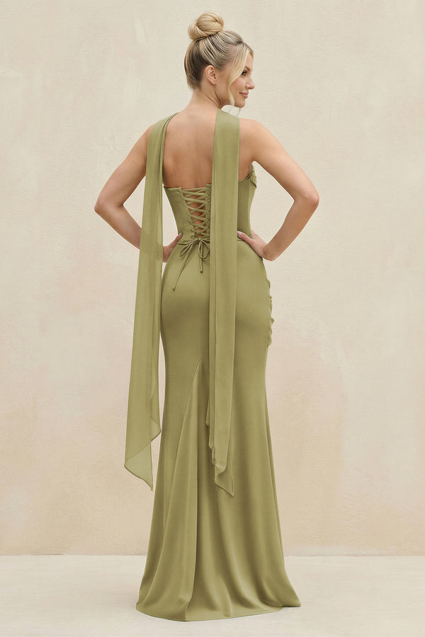 Cowl Neck Sheath Chiffon Bridesmaid Dress with Ribbon in Moss Green (2) | KISSBRIDAL