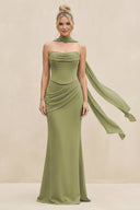Cowl Neck Sheath Chiffon Bridesmaid Dress with Ribbon in Moss Green - SHE IS ME Bridesmaid Dresses