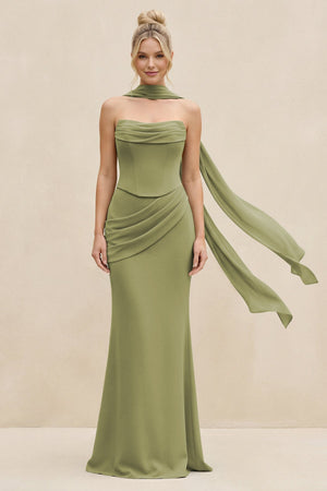 Cowl Neck Sheath Chiffon Bridesmaid Dress with Ribbon in Moss Green - SHE IS ME Bridesmaid Dresses