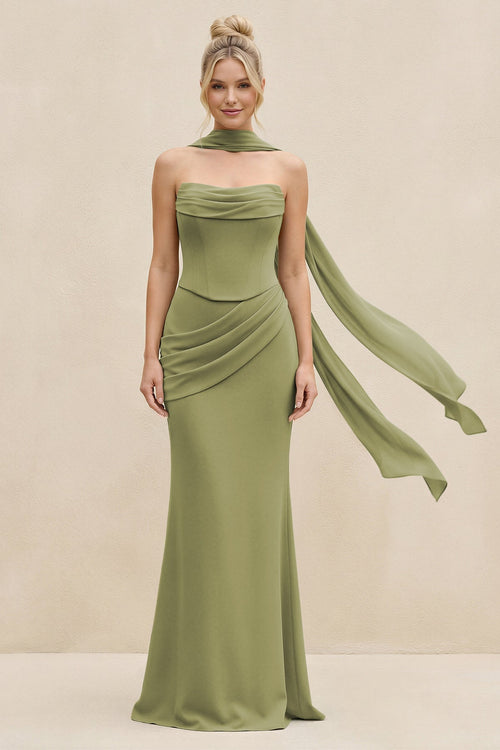 Cowl Neck Sheath Chiffon Bridesmaid Dress with Ribbon in Moss Green - SHE IS ME Bridesmaid Dresses