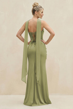 Cowl Neck Sheath Chiffon Bridesmaid Dress with Ribbon in Moss Green - SHE IS ME Bridesmaid Dresses