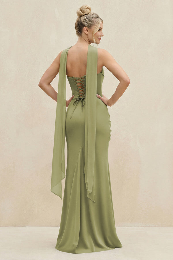 Cowl Neck Sheath Chiffon Bridesmaid Dress with Ribbon in Moss Green - SHE IS ME Bridesmaid Dresses