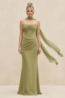 Cowl Neck Sheath Chiffon Bridesmaid Dress with Ribbon in Moss Green | KISSBRIDAL