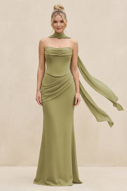 Cowl Neck Sheath Chiffon Bridesmaid Dress with Ribbon in Moss Green | KISSBRIDAL