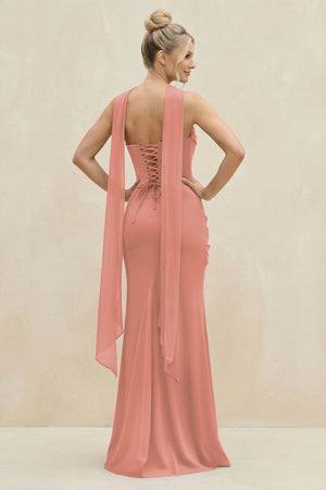 Cowl Neck Sheath Chiffon Bridesmaid Dress with Ribbon in Mulberry (2) | KISSBRIDAL