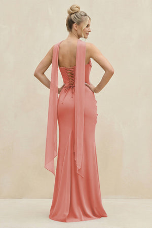 Cowl Neck Sheath Chiffon Bridesmaid Dress with Ribbon in Mulberry - SHE IS ME Bridesmaid Dresses