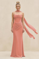 Cowl Neck Sheath Chiffon Bridesmaid Dress with Ribbon in Mulberry | KISSBRIDAL