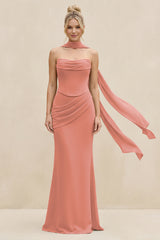 Cowl Neck Sheath Chiffon Bridesmaid Dress with Ribbon in Mulberry | KISSBRIDAL