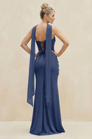 Cowl Neck Sheath Chiffon Bridesmaid Dress with Ribbon in Navy - SHE IS ME Bridesmaid Dresses