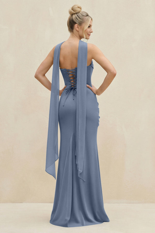 Cowl Neck Sheath Chiffon Bridesmaid Dress with Ribbon in Neptune - SHE IS ME Bridesmaid Dresses