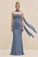 Cowl Neck Sheath Chiffon Bridesmaid Dress with Ribbon in Neptune - SHE IS ME Bridesmaid Dresses
