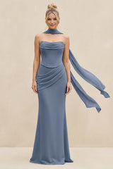 Cowl Neck Sheath Chiffon Bridesmaid Dress with Ribbon in Neptune - KISS BRIDAL Bridesmaid Dresses