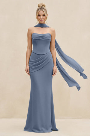 Cowl Neck Sheath Chiffon Bridesmaid Dress with Ribbon in Neptune - SHE IS ME Bridesmaid Dresses