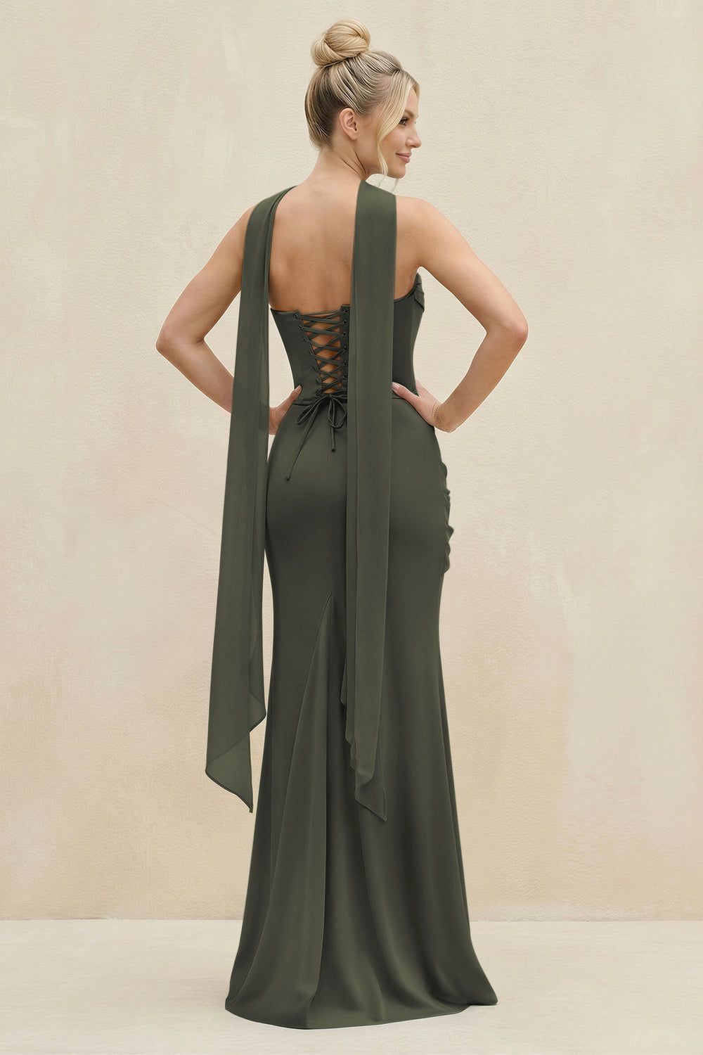 Cowl Neck Sheath Chiffon Bridesmaid Dress with Ribbon in Olive
