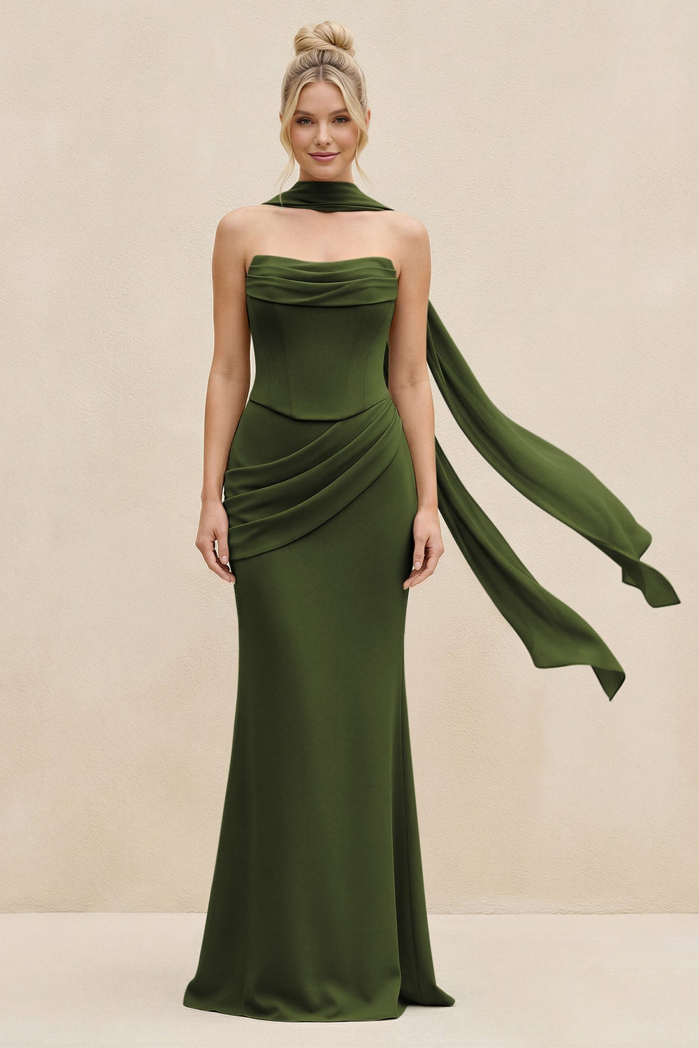 Cowl Neck Sheath Chiffon Bridesmaid Dress with Ribbon in Olive - KISS BRIDAL Bridesmaid Dresses