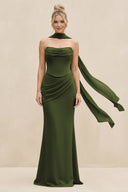 Cowl Neck Sheath Chiffon Bridesmaid Dress with Ribbon in Olive - SHE IS ME Bridesmaid Dresses
