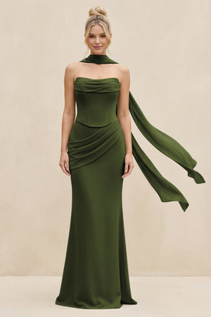 Cowl Neck Sheath Chiffon Bridesmaid Dress with Ribbon in Olive - SHE IS ME Bridesmaid Dresses