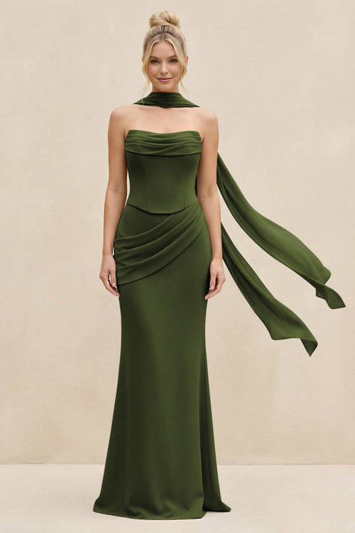 Cowl Neck Sheath Chiffon Bridesmaid Dress with Ribbon in Olive - SHE IS ME Bridesmaid Dresses