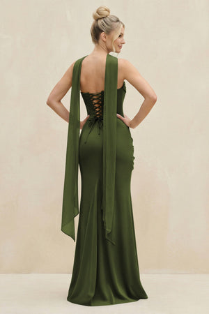 Cowl Neck Sheath Chiffon Bridesmaid Dress with Ribbon in Olive - SHE IS ME Bridesmaid Dresses