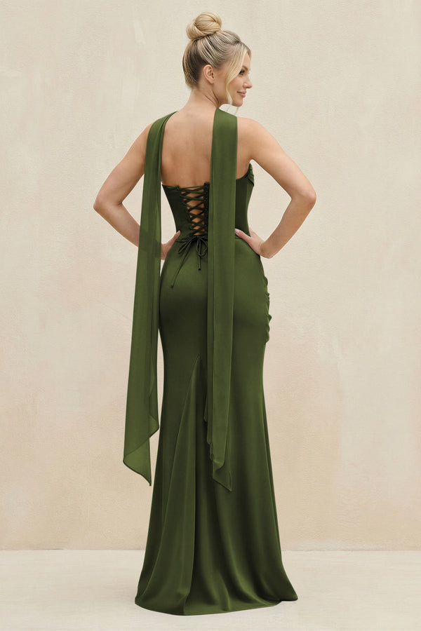 Cowl Neck Sheath Chiffon Bridesmaid Dress with Ribbon in Olive - SHE IS ME Bridesmaid Dresses