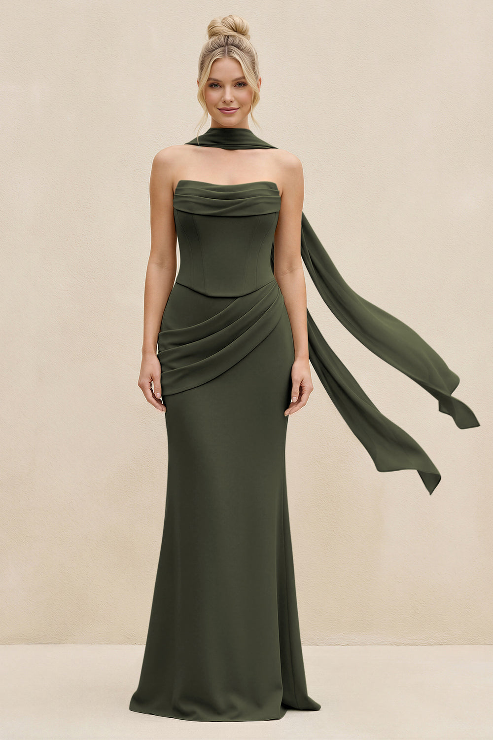 Cowl Neck Sheath Chiffon Bridesmaid Dress with Ribbon in Olive
