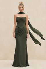 Cowl Neck Sheath Chiffon Bridesmaid Dress with Ribbon in Olive | KISSBRIDAL