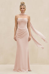 Cowl Neck Sheath Chiffon Bridesmaid Dress with Ribbon in Pale Blush - KISS BRIDAL Bridesmaid Dresses