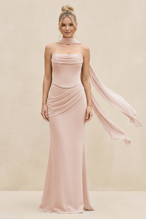 Cowl Neck Sheath Chiffon Bridesmaid Dress with Ribbon in Pale Blush - SHE IS ME Bridesmaid Dresses