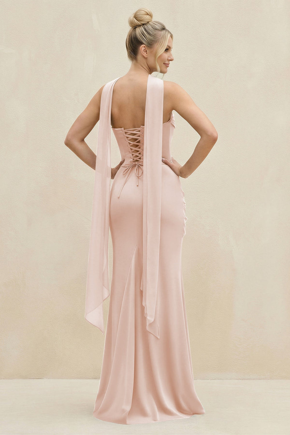 Cowl Neck Sheath Chiffon Bridesmaid Dress with Ribbon in Pale Blush - KISS BRIDAL Bridesmaid Dresses