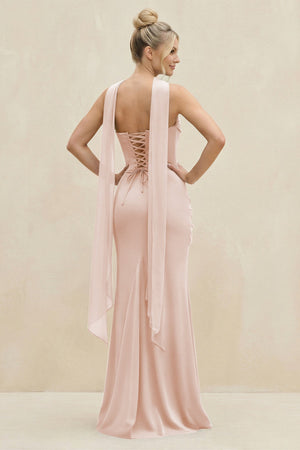 Cowl Neck Sheath Chiffon Bridesmaid Dress with Ribbon in Pale Blush - SHE IS ME Bridesmaid Dresses