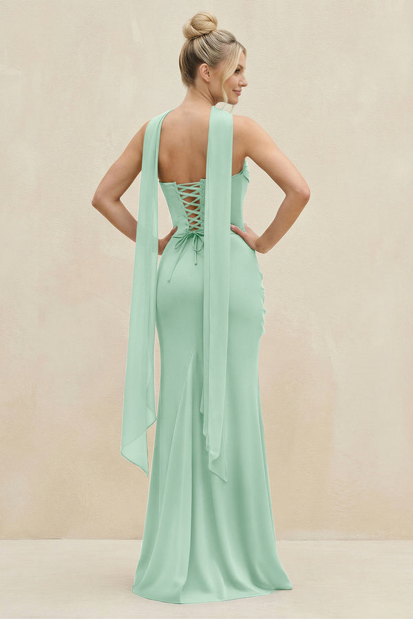 Cowl Neck Sheath Chiffon Bridesmaid Dress with Ribbon in Pale Pistachio (2) | KISSBRIDAL