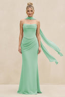 Cowl Neck Sheath Chiffon Bridesmaid Dress with Ribbon in Pale Pistachio - SHE IS ME Bridesmaid Dresses