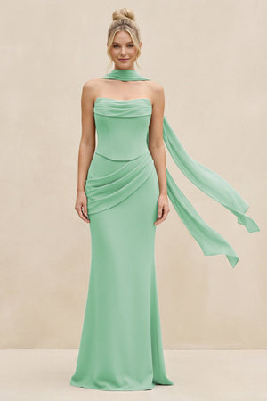 Cowl Neck Sheath Chiffon Bridesmaid Dress with Ribbon in Pale Pistachio - SHE IS ME Bridesmaid Dresses