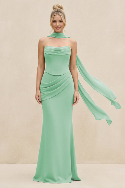Cowl Neck Sheath Chiffon Bridesmaid Dress with Ribbon in Pale Pistachio - SHE IS ME Bridesmaid Dresses
